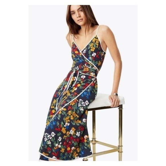 TORY BURCH Navy Blue Floral Grotto Midi Wrap Dress Size 8 - Picture 3 of 15